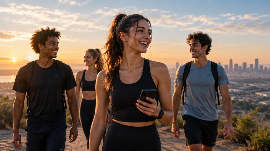 Friends in workout clothes enjoying a sunset outdoors