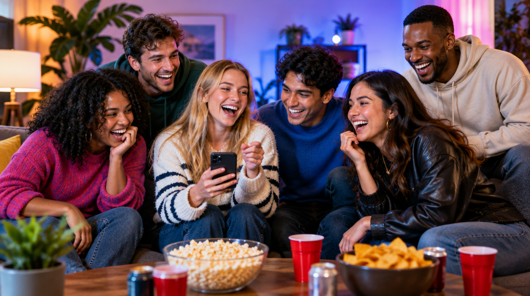 Friends laughing together over a game night