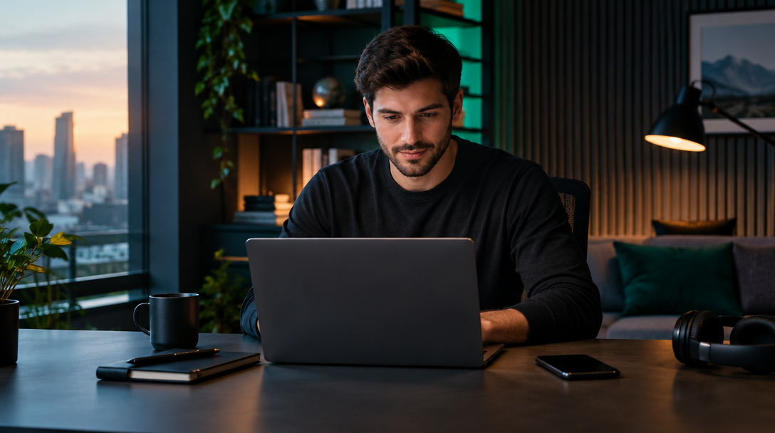 Profissional trabalhando em sua campanha em um ambiente com iluminação verde