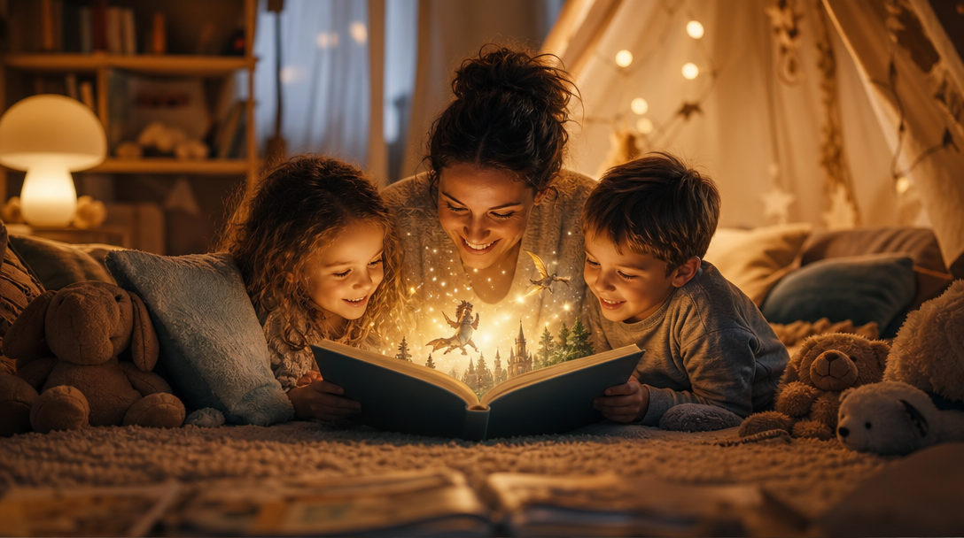 A child imagining a magical story adventure