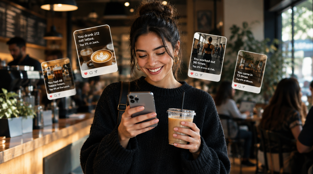 Illustrative café scene with a customer looking at personal recap cards on her phone