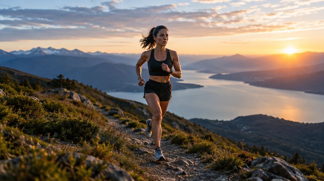 Trail runner moving through an alpine landscape at sunrise