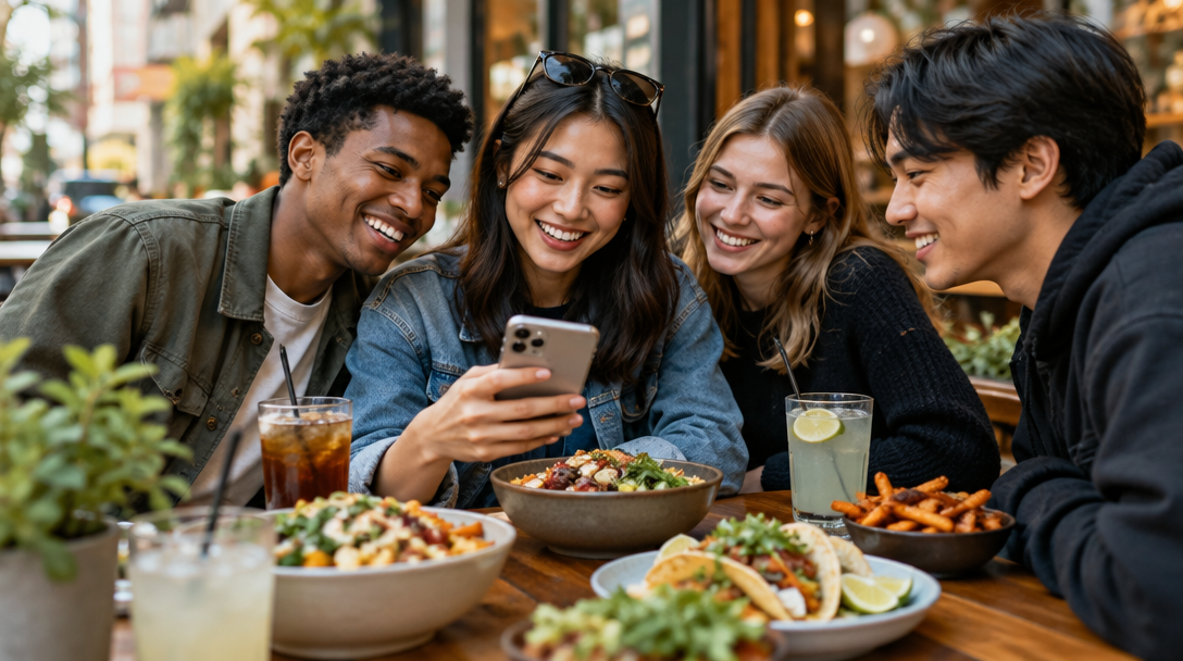 Friends sharing food and discovering their next local spot