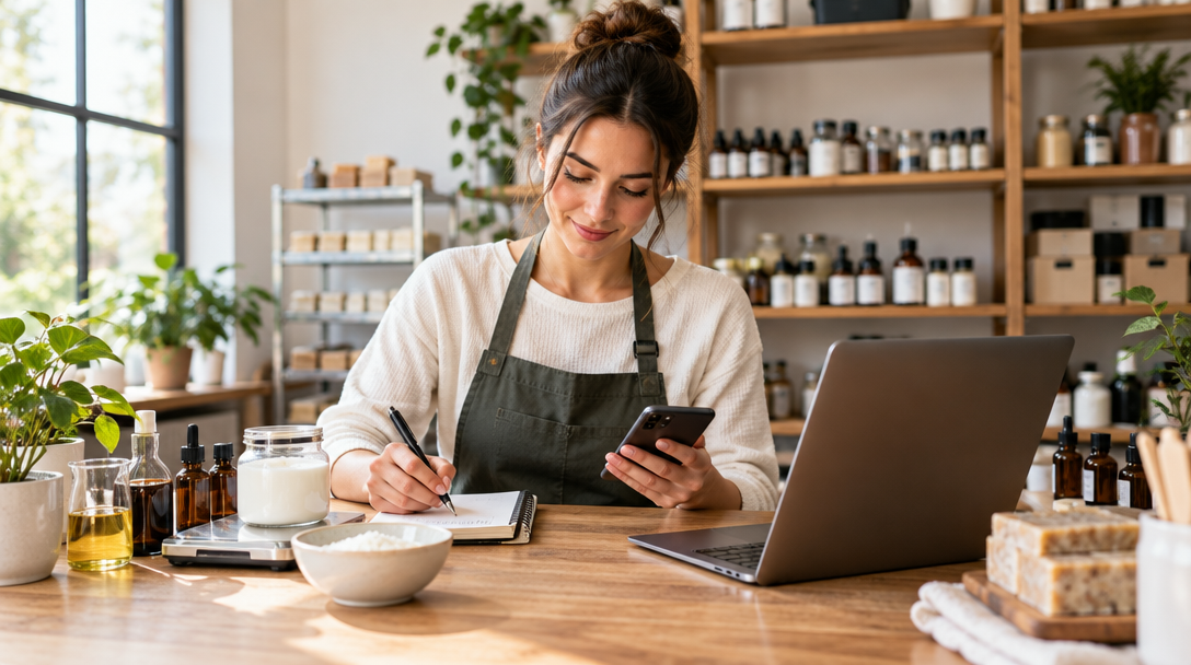 A skincare maker writing notes at her workbench among jars, bottles, and ingredients