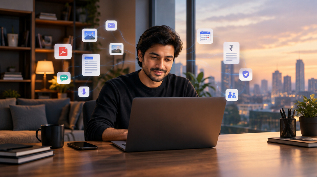 A person reviewing everyday paperwork at home, shown as a concept image for Daymark