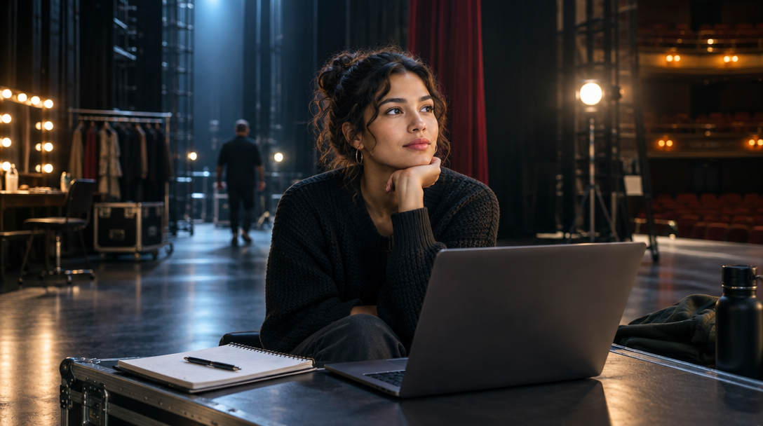 Performer reviewing pages backstage
