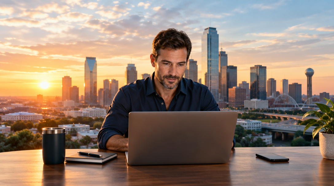 A business owner researching opportunities with the Dallas skyline behind him