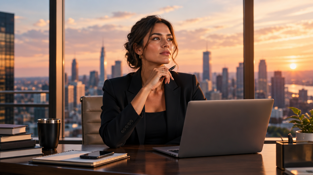 An attorney reflecting at her desk above a city skyline at sunset