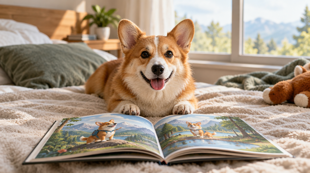 A corgi sits behind an open illustrated storybook