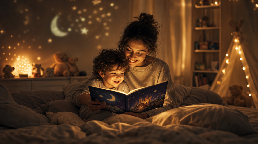 A child enjoying a magical SnuggleTale bedtime story