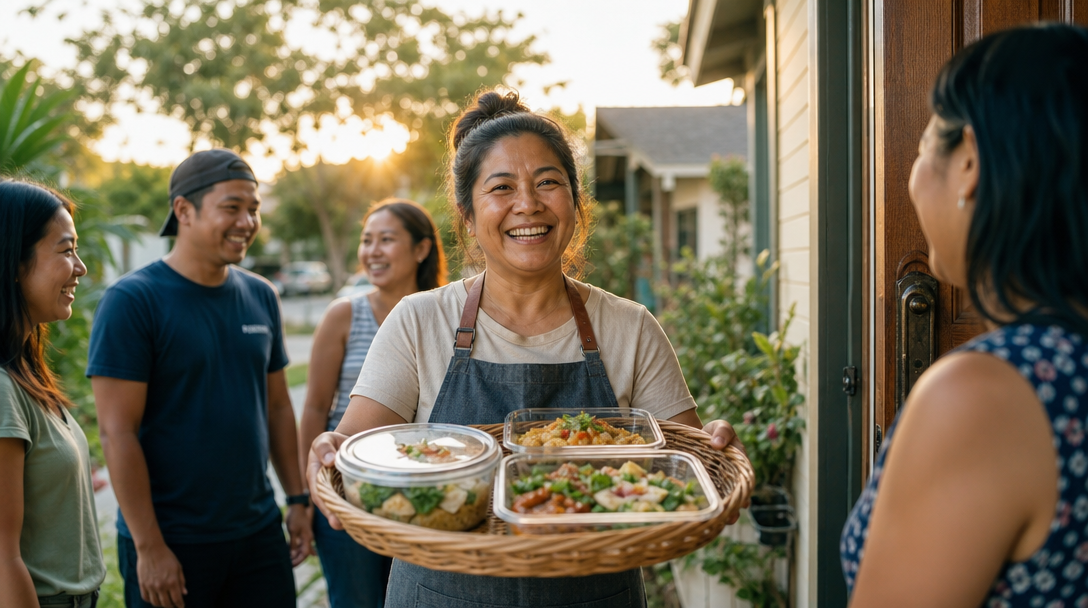 Neighbors gathering around a home-cooked meal