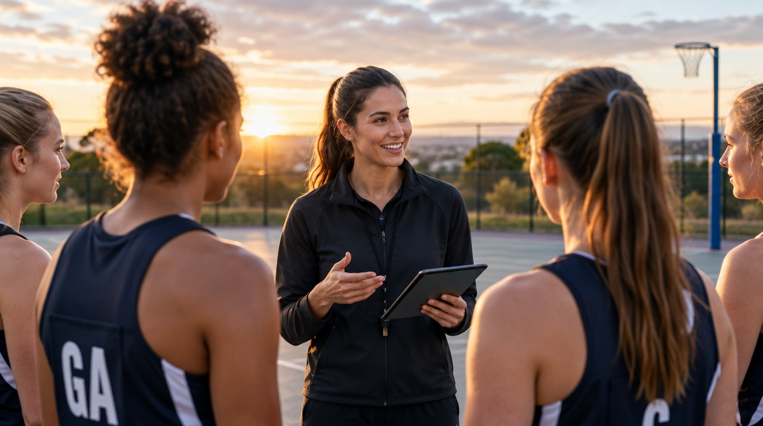 A netball coach talking with her team beside the court at sunset