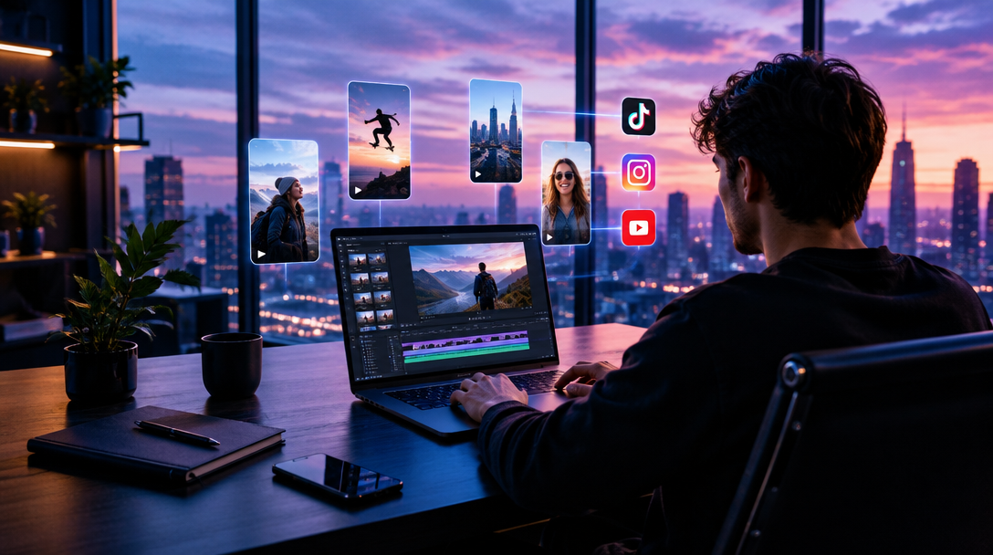 Creator editing video at a desk overlooking a city at dusk
