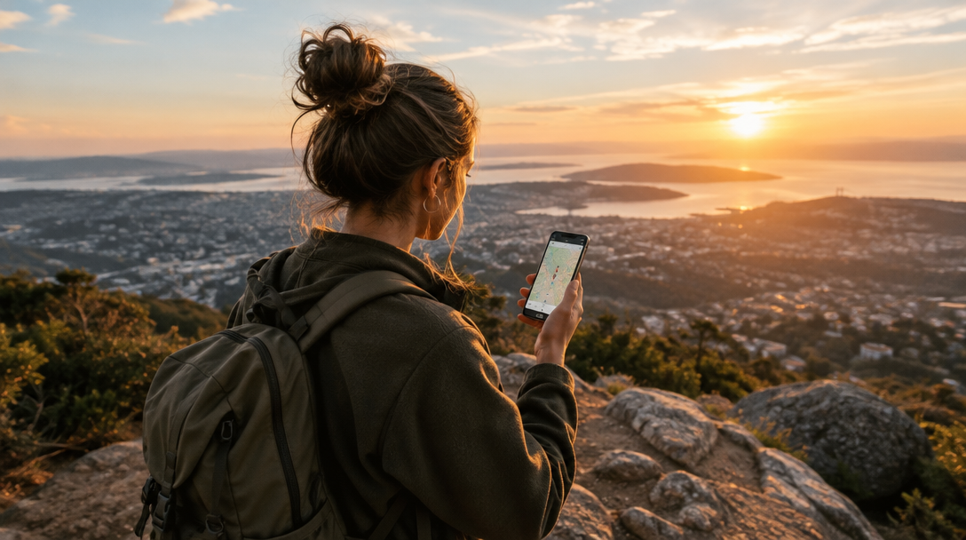 An explorer looking out over the coast at sunset