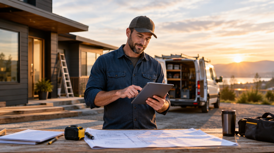 A general maintenance contractor reviewing job details on a tablet