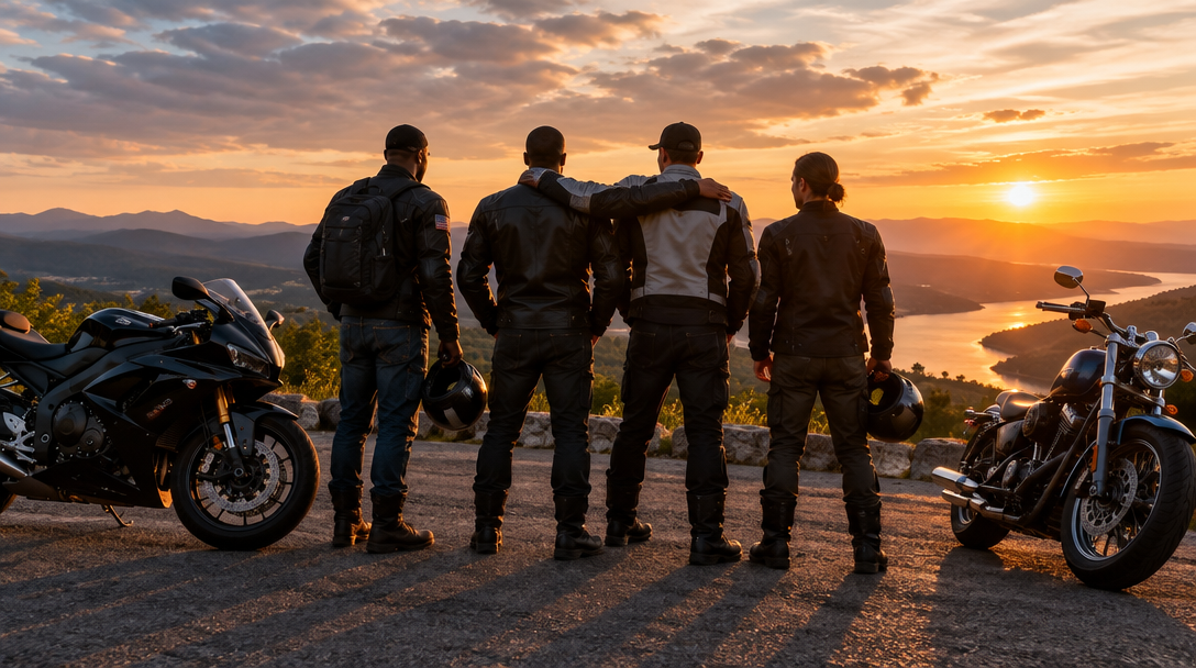 Military riders standing together beside their motorcycles at sunset