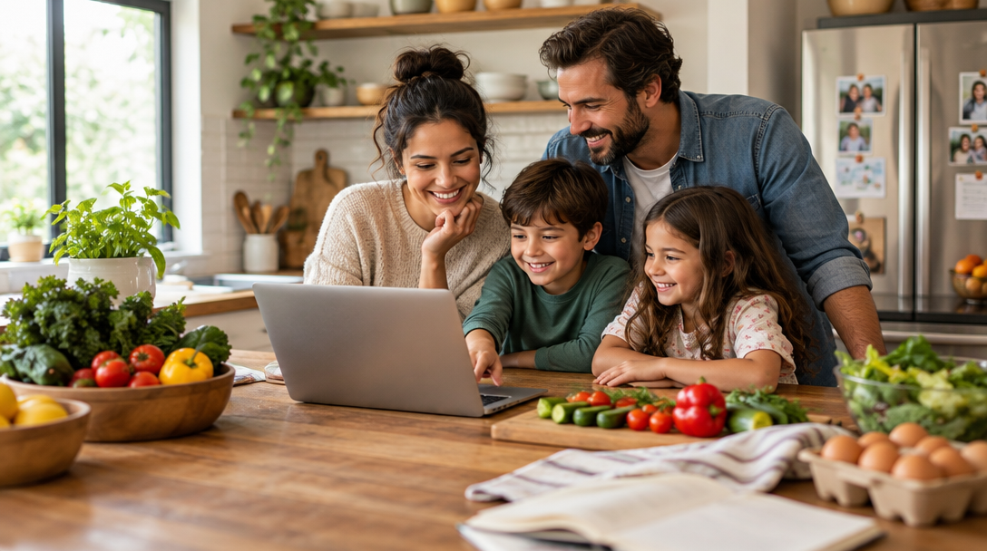 A family plans dinners together in their kitchen