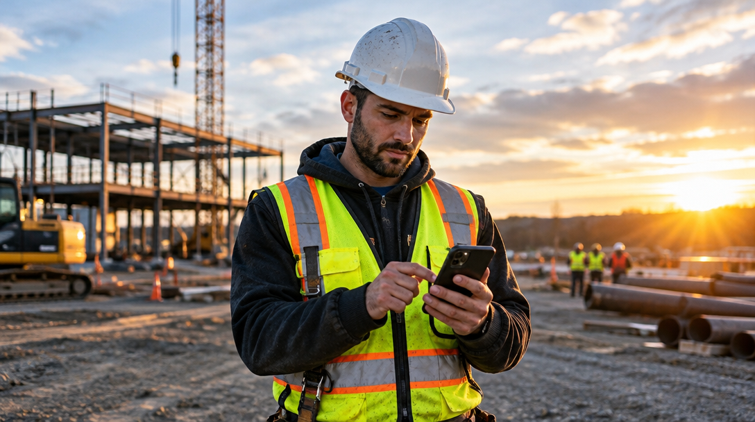 Construction worker reviewing a jobsite on a phone before work begins