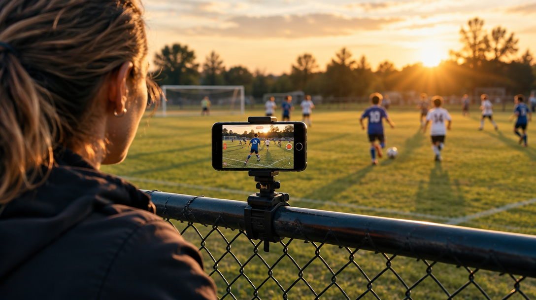 A parent filming a youth soccer game from the sideline