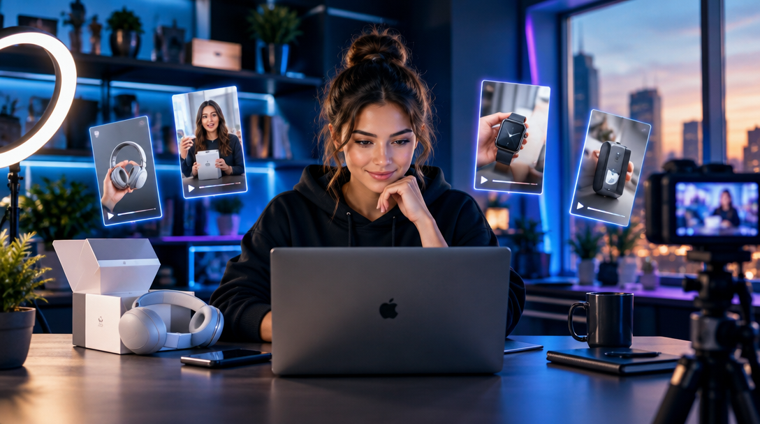 A seller reviewing product video concepts in a creative studio