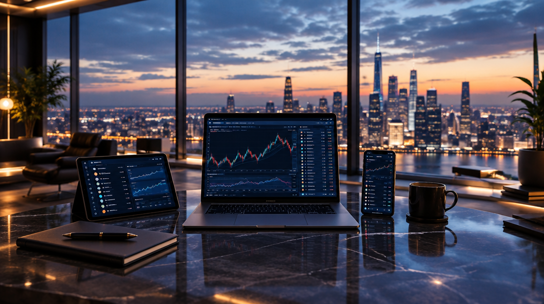 Concept workspace overlooking a city at dawn, with trading screens on a laptop, tablet and phone