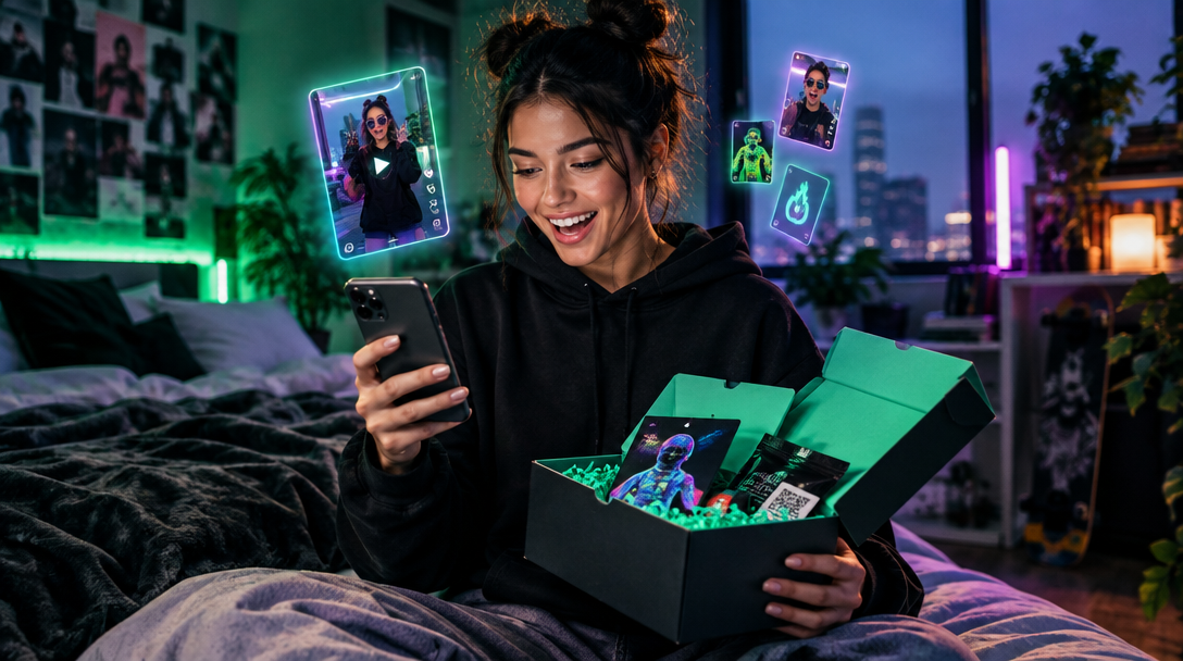 Creator unboxing a ViralMint drop kit while using a phone