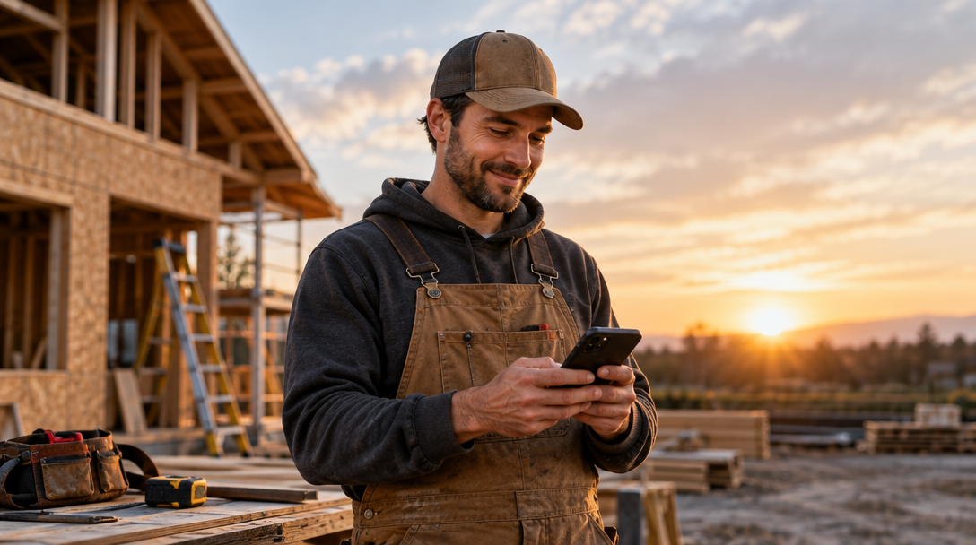 Contractor reviewing his phone beside a framed house at sunset