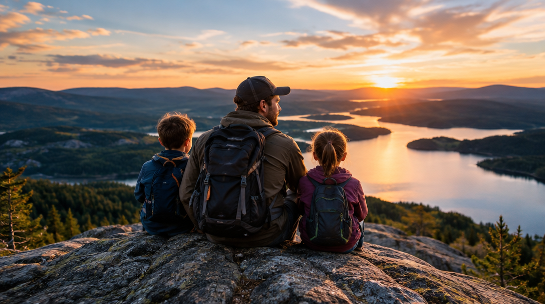 A dad and two kids looking out over a mountain lake at sunset