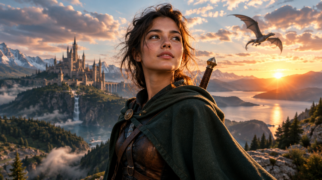 An illustrated hero looking out over a fantasy kingdom at sunset