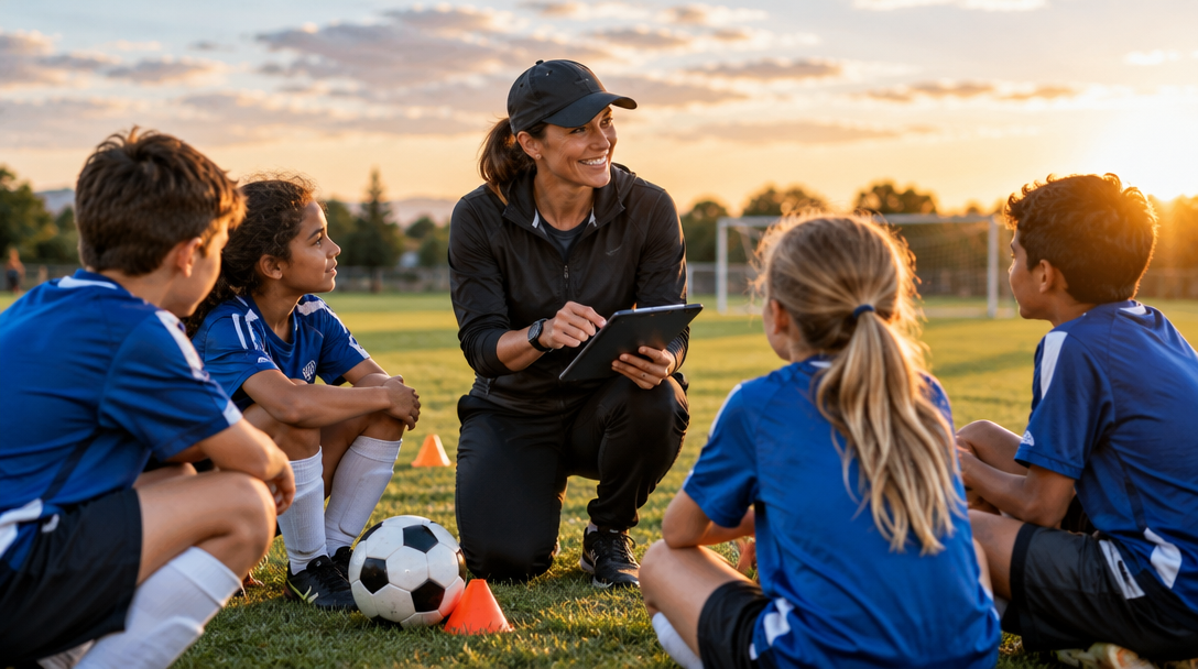A volunteer coach planning with young players at the soccer field