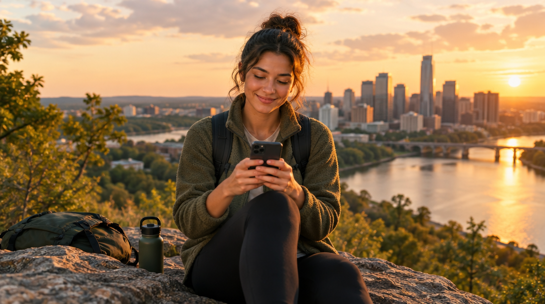 A person looking out over the city at sunset