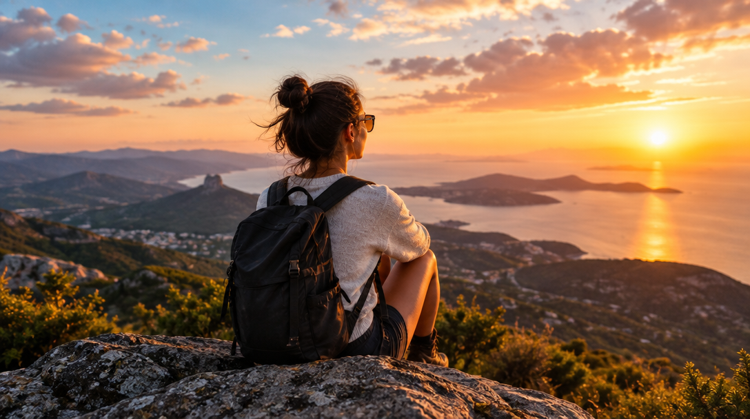 A traveler looking out toward a glowing sunset