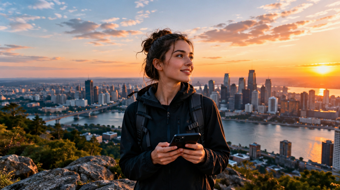 An explorer overlooking a city at sunset