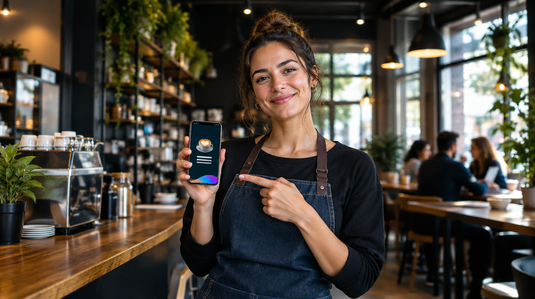 A café owner holding her Yearly recap on a phone