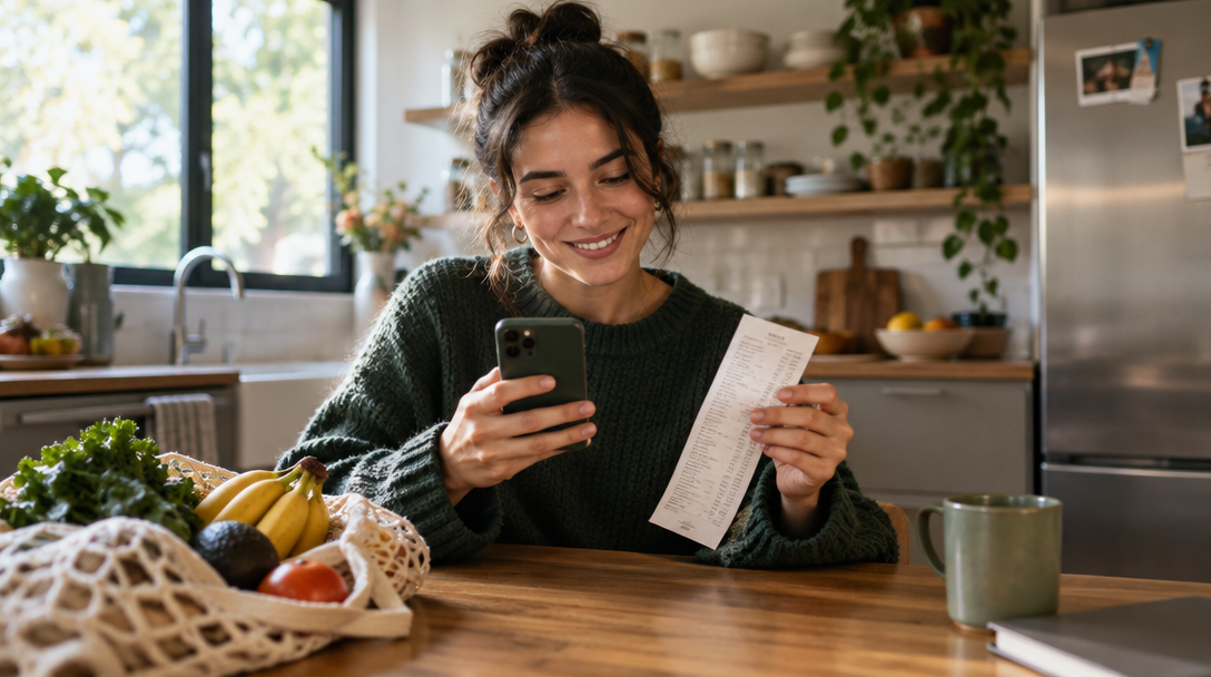 Everyday groceries and a paper receipt on a kitchen table