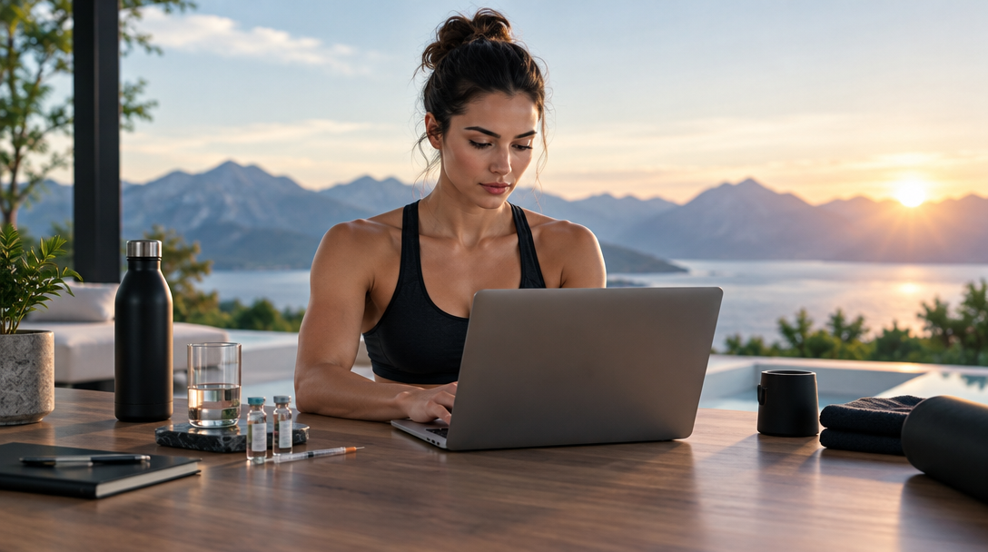 A woman planning her routine beside a mountain lake at sunrise