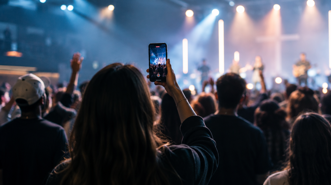 An attendee recording a live worship gathering
