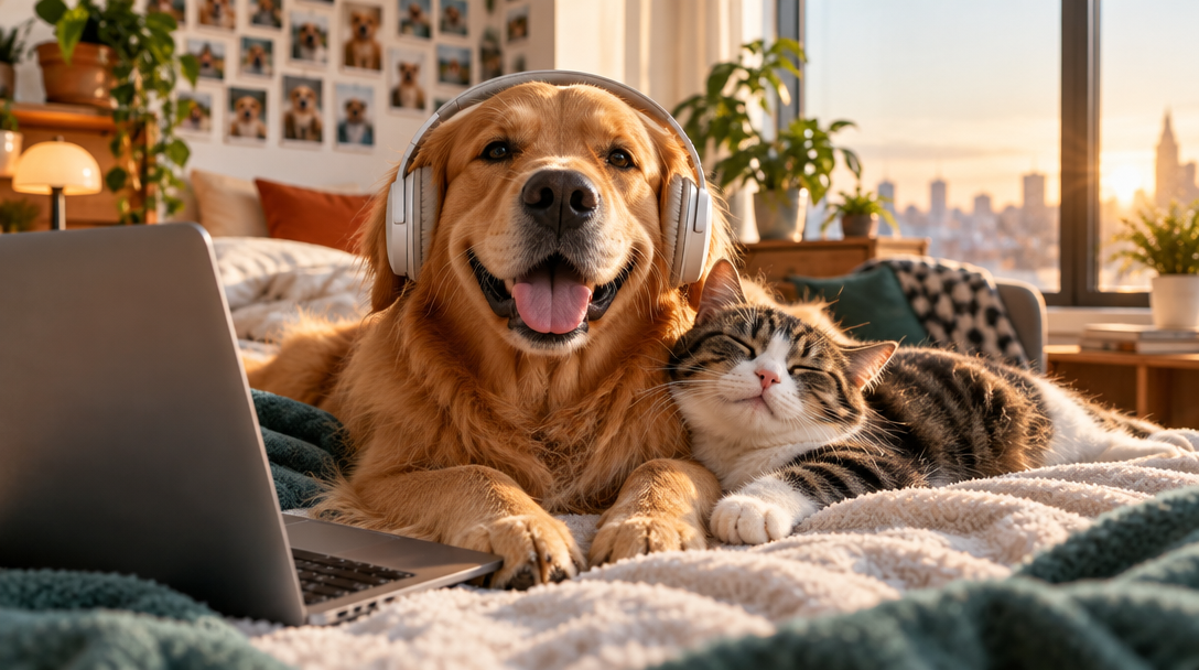 A golden retriever and a cat sharing a cozy afternoon