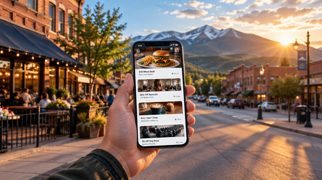 An illustration of local deals on a phone, with a Colorado main street and mountains at sunset