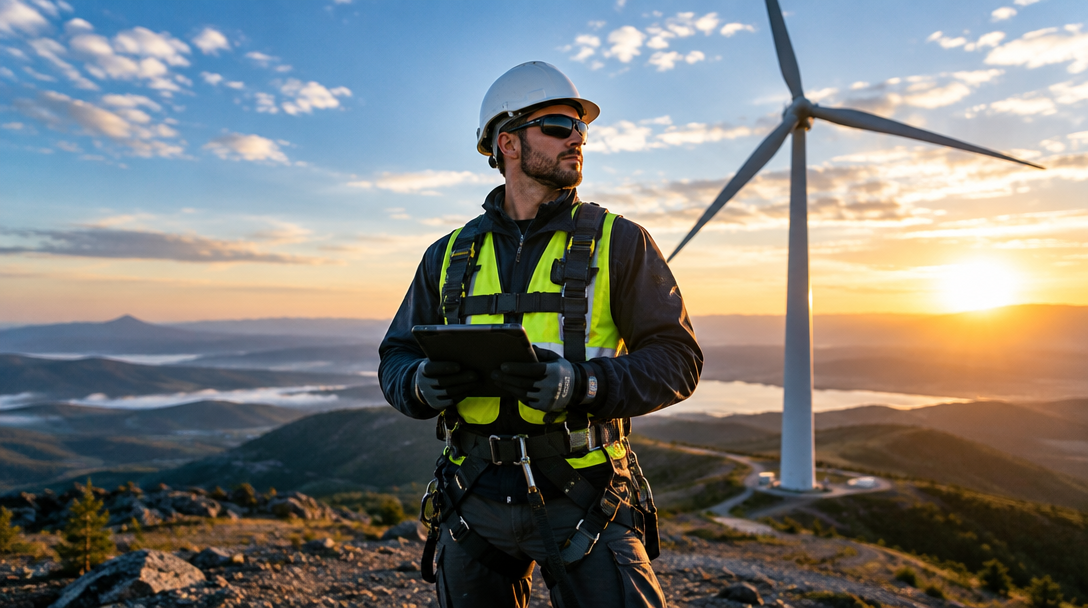 Wind turbine technician performing elevated work