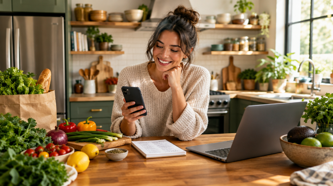 A home cook checks her phone beside fresh ingredients in a bright kitchen.