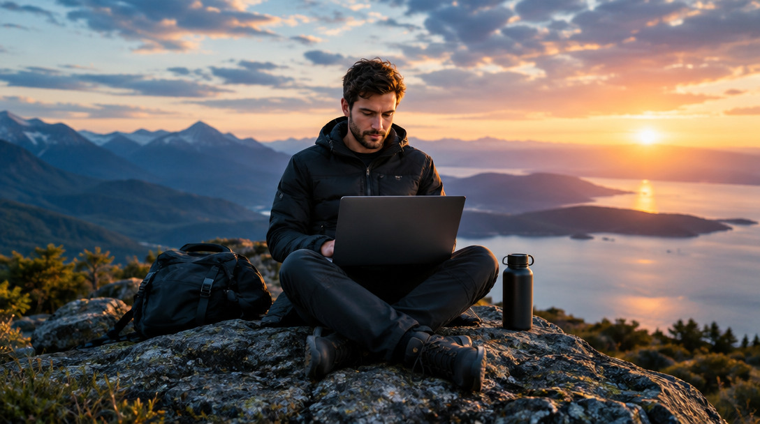 A person working on a laptop above a mountain landscape at sunset