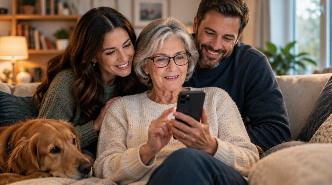 Family members looking at a phone together