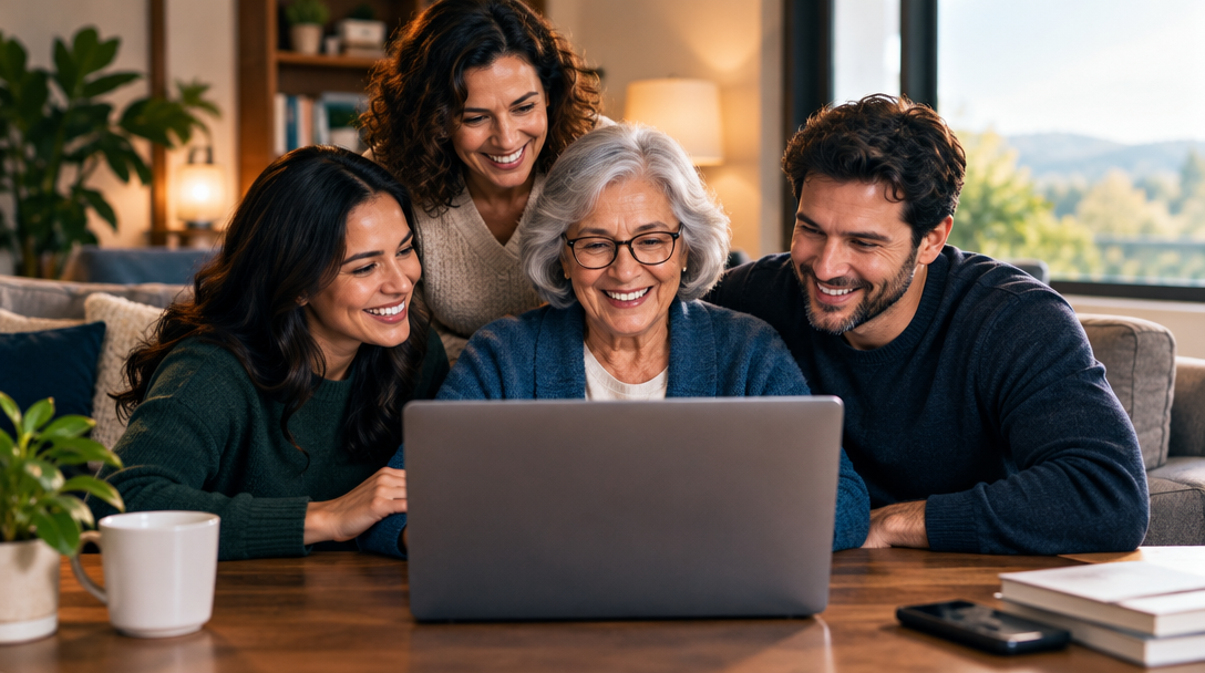 A family sharing a care moment with an older loved one