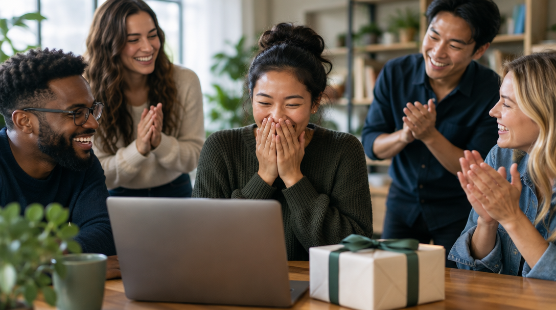 Coworkers gathered around a laptop and a gift, sharing a happy moment