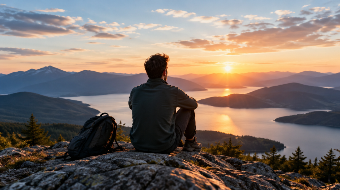 A hiker looking across a mountain lake at sunrise