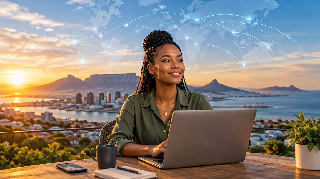 A professional with a laptop overlooking Cape Town and Table Mountain, with a global connection motif