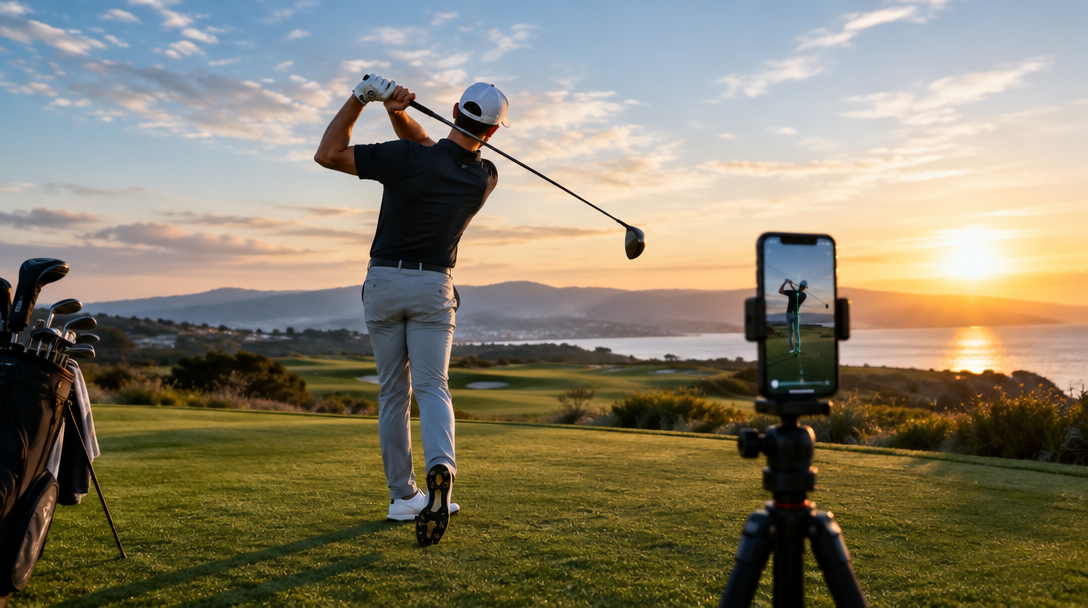 A golfer records a practice swing on a course at sunset