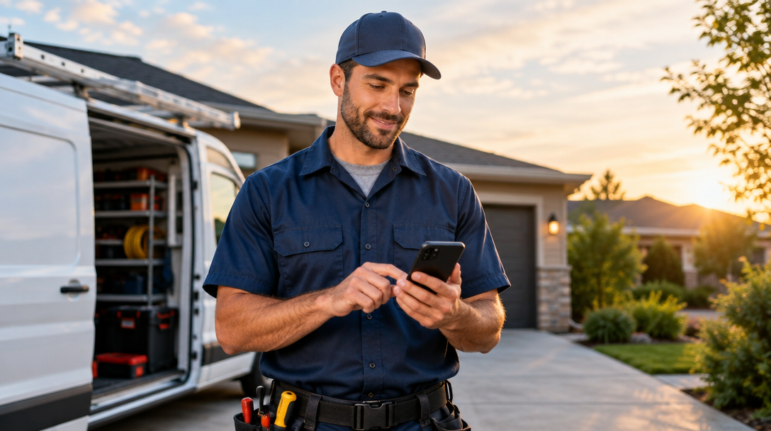 A plumbing technician reviewing a lead on their phone outside a customer home