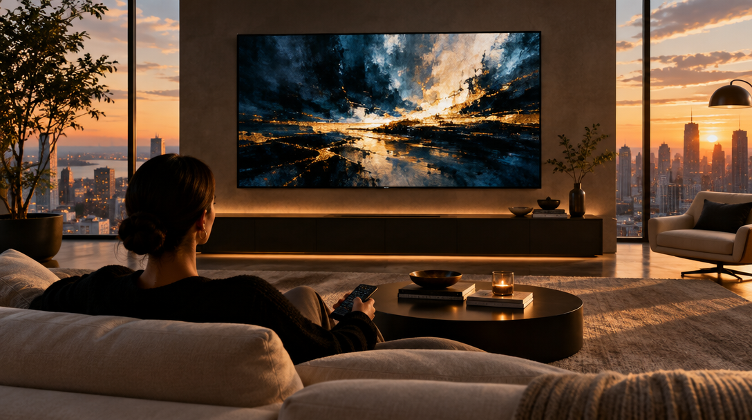 T&H Atelier original artwork displayed on a living-room screen